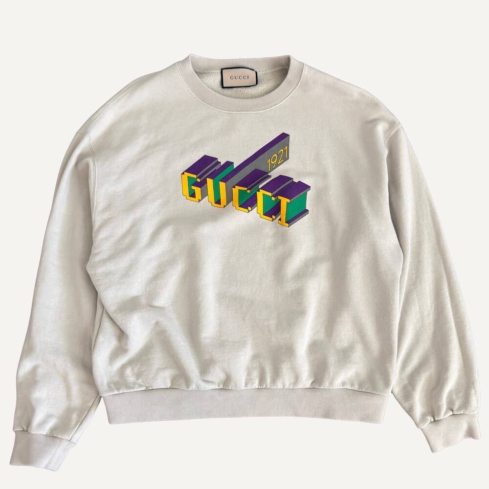 Gucci 1921 Logo Graphic Terry Cloth Crewneck Sweatshirt Beige Size XL